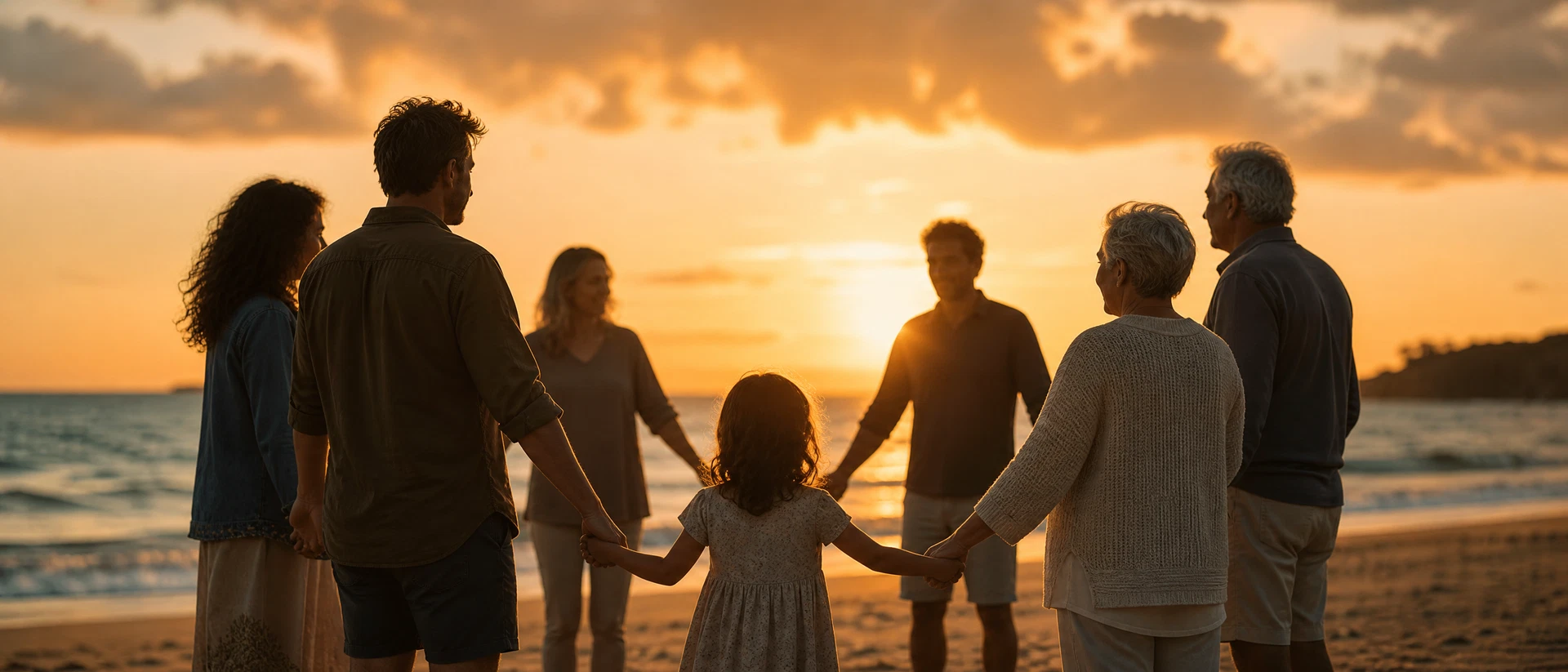 Family supporting each other at sunset
